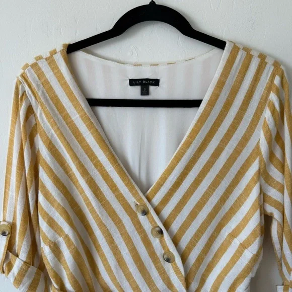 Lily Black Yellow White Striped Button Down Lined Linen Blend Midi Dress Small - Picture 4 of 11